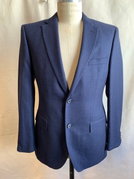 Mens, Sportcoat/Blazer, HUGO BOSS, Blue, Black, Wool, 2 Color Weave, 38R, Twill, Single Breasted, Collar Attached, Notched Lapel, Hand Picked Collar/Lapel, 2 Buttons,  3 Pockets