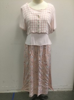 IMPRESSIONS OF CA, Lt Pink, White, Sage Green, Rayon, Acetate, Gingham, Floral, "Vest" Front Attached to Short Sleeved "Blouse" Underlayer, V-neck with 3 Button Front,  Peplum Waist, Skirt Portion is Floral Pattern, Ankle Length, Early 1990's