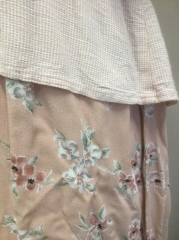 IMPRESSIONS OF CA, Lt Pink, White, Sage Green, Rayon, Acetate, Gingham, Floral, "Vest" Front Attached to Short Sleeved "Blouse" Underlayer, V-neck with 3 Button Front,  Peplum Waist, Skirt Portion is Floral Pattern, Ankle Length, Early 1990's