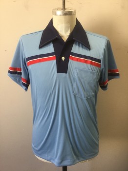 LM ACTION WEAR, Baby Blue, Navy Blue, Red, White, Polyester, Solid, Stripes, with Navy Collar and Placket, Navy, Red and White Stripe Across Chest and at Either Arm, (Possibly Added), Short Sleeves, 1 Pocket, Multiples,