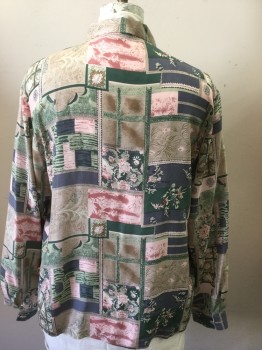 STUNT, Slate Blue, Taupe, Forest Green, Pink, Silk, Patchwork, Floral, C.A., B.F. With Bttn. Loops, L/S,
