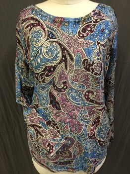 Womens, Top, CHICO'S , Turquoise Blue, Off White, Orange, Pink, Red Burgundy, Rayon, Nylon, Paisley/Swirls, 3, (large & Lovely) Wide Neck, Long Sleeves,