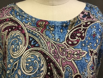 Womens, Top, CHICO'S , Turquoise Blue, Off White, Orange, Pink, Red Burgundy, Rayon, Nylon, Paisley/Swirls, 3, (large & Lovely) Wide Neck, Long Sleeves,
