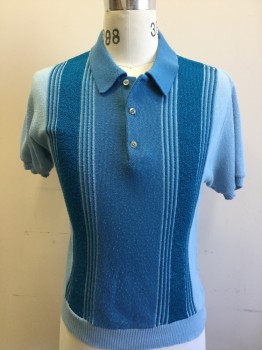 SEARS, French Blue, Blue, Aqua Blue, Lt Blue, Nylon, Stripes, Knit Polo, Short Sleeves, French Blue Collar Attached, 3 Buttons,  Ribbed Knit Cuff/Waistband