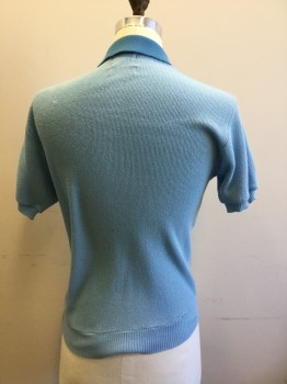 SEARS, French Blue, Blue, Aqua Blue, Lt Blue, Nylon, Stripes, Knit Polo, Short Sleeves, French Blue Collar Attached, 3 Buttons,  Ribbed Knit Cuff/Waistband