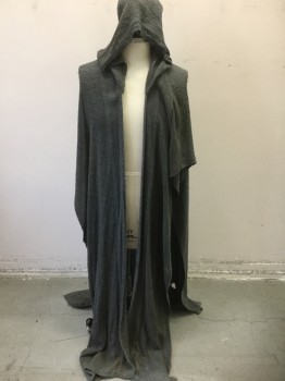 N/L MTO, Gray, Cotton, Solid, Rough/Coarsely Woven Fabric, Open at Center Front and Sides, Floor Length Hem, Hooded, Aged/Worn Throughout, Made To Order