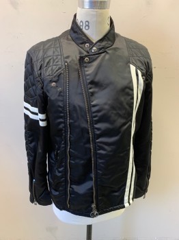 Mens, Casual Jacket, BELSTAFF, Black, White, Nylon, Solid, Stripes, 48, Zip Front , Snap Front, Band Collar 2 Front Black & White Stripes , Texture Diamond Shape  & Right Hand Shoulder Black & White Stripes