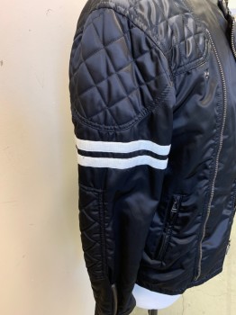 Mens, Casual Jacket, BELSTAFF, Black, White, Nylon, Solid, Stripes, 48, Zip Front , Snap Front, Band Collar 2 Front Black & White Stripes , Texture Diamond Shape  & Right Hand Shoulder Black & White Stripes
