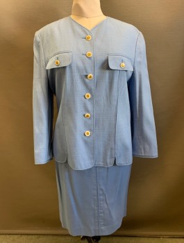 LOUIS FERAUD, Lt Blue, Viscose, Silk, Solid, JACKET, 6 White with Gold Buttons, 1 Button on Each Pocket Flap, 2 Buttons at Cuff