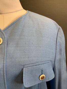Womens, 1980s Vintage, Piece 1, LOUIS FERAUD, Lt Blue, Viscose, Silk, Solid, W 30, B36, H 40, JACKET, 6 White with Gold Buttons, 1 Button on Each Pocket Flap, 2 Buttons at Cuff