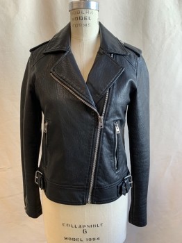 TOPSHOP, Black, Faux Leather, Polyester, Solid, Motorcycle Style Jacket, Zip Front, Collar Attached, 2 Zip Pockets, Snap Epaulets, Zips at Cuff, Buckle Tabs at Side Waist