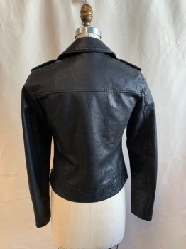 TOPSHOP, Black, Faux Leather, Polyester, Solid, Motorcycle Style Jacket, Zip Front, Collar Attached, 2 Zip Pockets, Snap Epaulets, Zips at Cuff, Buckle Tabs at Side Waist