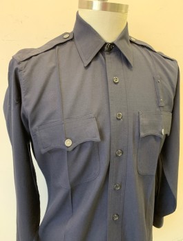 ELBECO, Navy Blue, Wool, Solid, Long Sleeve Button Front, Collar Attached, 2 Pockets with Batwing Flaps, Epaulettes at Shoulders