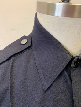 ELBECO, Navy Blue, Wool, Solid, Long Sleeve Button Front, Collar Attached, 2 Pockets with Batwing Flaps, Epaulettes at Shoulders