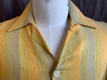 N/L, Heather Gray, Yellow, Lt Orange, Polyester, Stripes - Vertical , Collar Attached, Large Self Cover Button Front, Short Sleeves, Side Split, 2 Pockets with Flap Bottom,