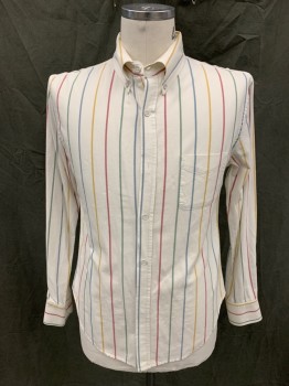 BAND OF OUTSIDERS, Eggshell White, Red, Mustard Yellow, Blue, Green, Cotton, Stripes - Vertical , Eggshell with MultiColor Stripe, Button Front, Button Down Collar, 1 Pocket, Long Sleeves, Button Cuff