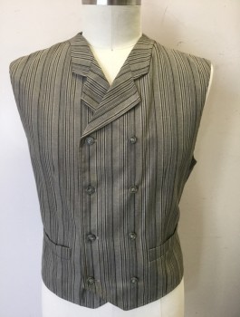 Mens, Vest, MOSA FOR OAKTREE, Taupe, Charcoal Gray, Polyester, Rayon, Stripes - Vertical , L, Double Breasted, Notched Lapel, 2 Welt Pockets, Solid Taupe Lining and Back, Self Belted Back