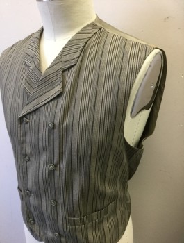 Mens, Vest, MOSA FOR OAKTREE, Taupe, Charcoal Gray, Polyester, Rayon, Stripes - Vertical , L, Double Breasted, Notched Lapel, 2 Welt Pockets, Solid Taupe Lining and Back, Self Belted Back