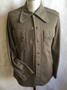 Mens, Jacket, OGGI, Brown, Beige, Polyester, Wool, 2 Color Weave, 17/34, 38, Collar Attached, Angular Flap Off Shoulder, Brass Snap Front, 2 Pockets with Flap & 3 Matching Snap Buttons, Long Sleeves,