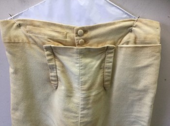Mens, Historical Fiction Pants, N/L, Cream, Cotton, Solid, W:35, Military Uniform Breeches, Brushed Twill, Fall Front, Knee Length, Gold Buttons and Buckle at Leg Opening, Lacings/Ties at Center Back Waist, Dirty/Aged, Made To Order Reproduction Late 1700's Early 1800's