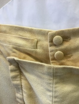 N/L, Cream, Cotton, Solid, Military Uniform Breeches, Brushed Twill, Fall Front, Knee Length, Gold Buttons and Buckle at Leg Opening, Lacings/Ties at Center Back Waist, Dirty/Aged, Made To Order Reproduction Late 1700's Early 1800's