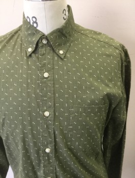 J.CREW, Olive Green, White, Cotton, Geometric, Tiny Arrows Pattern, Long Sleeve Button Front, Collar Attached, Button Down Collar, 1 Patch Pocket,  Slim Fit