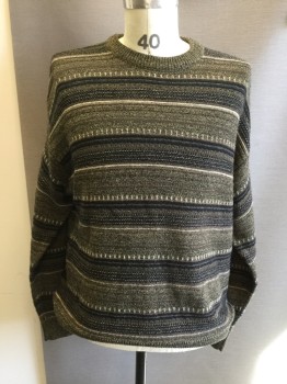 TOWNCRAFT, Olive Green, Black, Brown, Cream, Acrylic, Heathered, Stripes - Horizontal , Crew Neck, Long Sleeves, Pullover,
