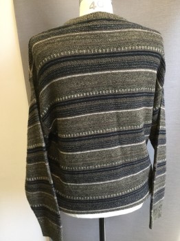 TOWNCRAFT, Olive Green, Black, Brown, Cream, Acrylic, Heathered, Stripes - Horizontal , Crew Neck, Long Sleeves, Pullover,