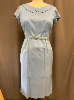 Womens, 1960s Vintage, Suit, Dress, BETTY HARTFORD, Sky Blue, Rayon, Cotton, Solid, W30, B38, H39, DRESS, Open Round Neck, Novelty Collar with Big Button Center Front, Back Zipper, Cap Sleeves, Arm Pit Stains, Hips Have Been Taken in and Let Out, Belt is Slightly Discolored and Shortenned, MATHING BELT