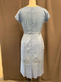 Womens, 1960s Vintage, Suit, Dress, BETTY HARTFORD, Sky Blue, Rayon, Cotton, Solid, W30, B38, H39, DRESS, Open Round Neck, Novelty Collar with Big Button Center Front, Back Zipper, Cap Sleeves, Arm Pit Stains, Hips Have Been Taken in and Let Out, Belt is Slightly Discolored and Shortenned, MATHING BELT