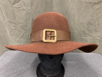Mens, Historical Fiction Hat , N/L, Brown, Wool, Solid, 7 1/2, Round Crown, Flat Wide Brim, Faille Hat Band, Brass Square Buckle