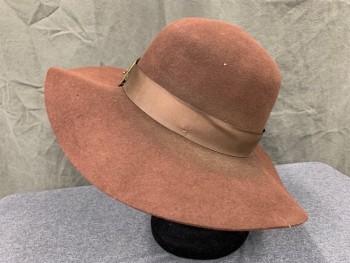 Mens, Historical Fiction Hat , N/L, Brown, Wool, Solid, 7 1/2, Round Crown, Flat Wide Brim, Faille Hat Band, Brass Square Buckle