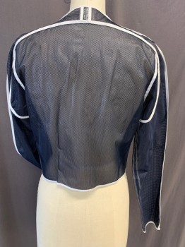 Womens, Casual Jacket, RMO, Midnight Blue, White, Plastic, Solid, B34, M, Club, Sporty, Zip Front, Crew Neck, Clear Plastic with Blue Mesh Overlay, White Binding, 2 Pockets, Clear Plastic Removed Center Back Neck