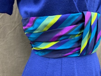 ENCHANTRESS, Blue, Teal Blue, Green, Magenta Purple, Navy Blue, Wool, Silk, Solid, Stripes, V-neck, Dolman Short Sleeves, Zip Back, Pleated Skirt, Hem Below Knee, Diagonal Multi Color Stripe Silk Pleated and Gathered Waistband, Pleated Upwards From Waistband, *Stain on Waistband*,