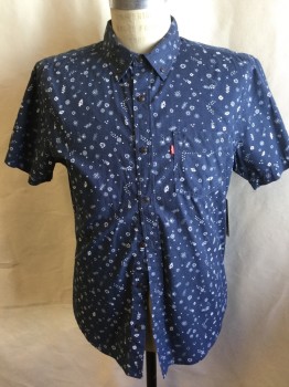 LEVI'S, Steel Blue, Off White, Cotton, Floral, Leaves/Vines , Collar Attached, Button Down, Button Front, 1 Pocket, Short Sleeves, Curved Hem