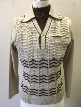 N/L, Beige, Brown, Polyester, Solid, Chevron, Long Sleeves, Collar Attached, 2 Button Placket with Brown Rib Knit Turtleneck Panel Underneath, Chevron Texture Knit Center with Brown Accents, 1 Welt Pocket,