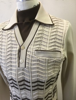 N/L, Beige, Brown, Polyester, Solid, Chevron, Long Sleeves, Collar Attached, 2 Button Placket with Brown Rib Knit Turtleneck Panel Underneath, Chevron Texture Knit Center with Brown Accents, 1 Welt Pocket,