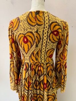 MACY'S, Sunflower Yellow, Brown, Cranberry Red, Cotton, Abstract , Gauze, Long Flared Sleeves, Round Neck, Floor Length Maxi Dress, Pleated Below High Waistline, Button Closures in Back, Hippie, **Has Shoulder Burn/Fading, Needs Repair at Waistband