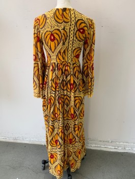MACY'S, Sunflower Yellow, Brown, Cranberry Red, Cotton, Abstract , Gauze, Long Flared Sleeves, Round Neck, Floor Length Maxi Dress, Pleated Below High Waistline, Button Closures in Back, Hippie, **Has Shoulder Burn/Fading, Needs Repair at Waistband