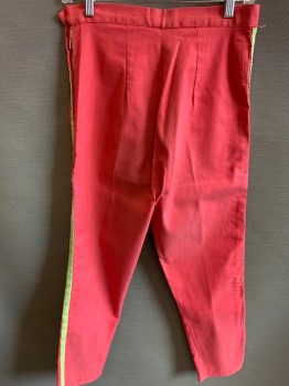Womens, Pants, MTO, Faded Red, Lime Green, Cotton, Polyester, Solid, W27, High Waisted, Side Zipper, Hand Appliquéd Side Stripes, Cropped, Missing Waist Button
