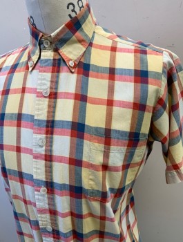 Mens, Shirt, N/L, Red, Blue, Cream, Lt Beige, Polyester, Cotton, Plaid, S, Button Front, Button Down Collar, 1 Pocket, Short Sleeves,