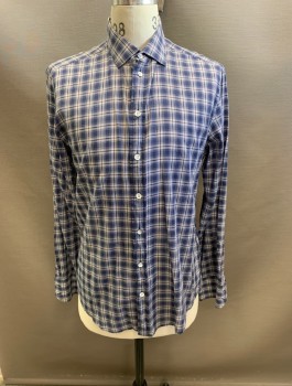Mens, Casual Shirt, RAG & BONE , Navy Blue, White, Red, Cotton, Plaid, 35, 16.5/, Collar Attached, Button Front, Long Sleeves