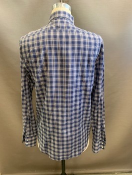 Mens, Casual Shirt, RAG & BONE , Navy Blue, White, Red, Cotton, Plaid, 35, 16.5/, Collar Attached, Button Front, Long Sleeves