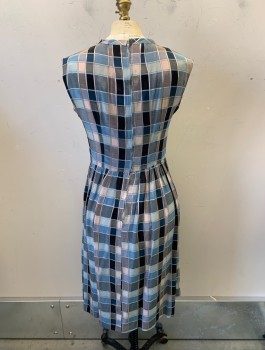 MTO, French Blue, Multi-color, Silk, Plaid, Round Neck, Slvls, Gathered Skirt at Waist, Zip Back, Beige, French Blue, Black, and Gray Plaid Pattern *Aged/Distressed*