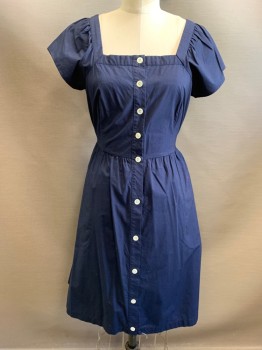 Womens, Dress, Short Sleeve, J.CREW, Navy Blue, Cotton, Solid, Sz.4, Square Neck, Button Front, Self Ties at Sides, Gathered Waist, Knee Length