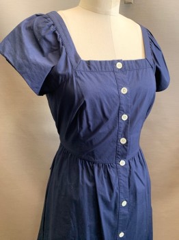 Womens, Dress, Short Sleeve, J.CREW, Navy Blue, Cotton, Solid, Sz.4, Square Neck, Button Front, Self Ties at Sides, Gathered Waist, Knee Length