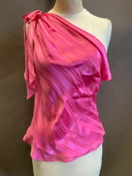 Womens, Top, MILLY, Hot Pink, Silk, Polyester, Stripes, Solid, 8, Hot Pink Silk Shell with Poly Lining, Self Stripe, Sleeveless, One Shoulder, Bow on Right Shoulder