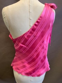 Womens, Top, MILLY, Hot Pink, Silk, Polyester, Stripes, Solid, 8, Hot Pink Silk Shell with Poly Lining, Self Stripe, Sleeveless, One Shoulder, Bow on Right Shoulder