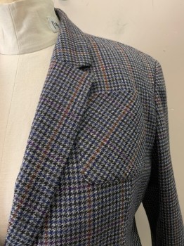Womens, Blazer, NORDSTROM SIGNATURE, Gray, Black, Multi-color, Wool, Polyester, Houndstooth, Plaid, 18, Notched Lapel, 2 Button, Single Breasted, 1 Patch Pocket, 2 Welt Pockets, Elbow Patches 