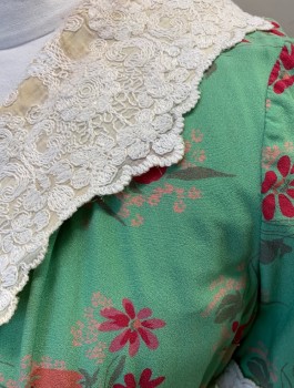 Womens, Dress, N/L MTO, Green, White, Fuchsia Pink, Peach Orange, Silk, Floral, H <46", B:42, Crepe, Short Sleeves, White Lace Shawl Lapel, Surplice V-neck, White Lace Cuffs, Self Belt Ties Attached at Waist, Dropped Waist Line, Boxy Fit, Knee Length, Made To Order